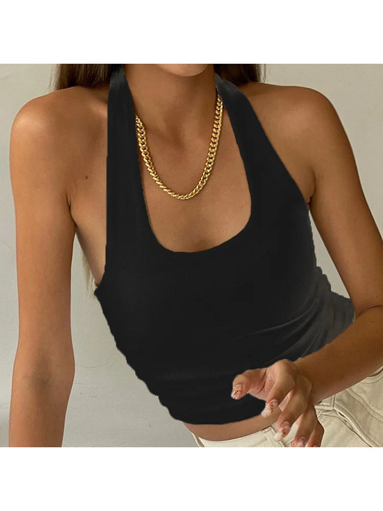 Ribbed Knit Halter Crop Top