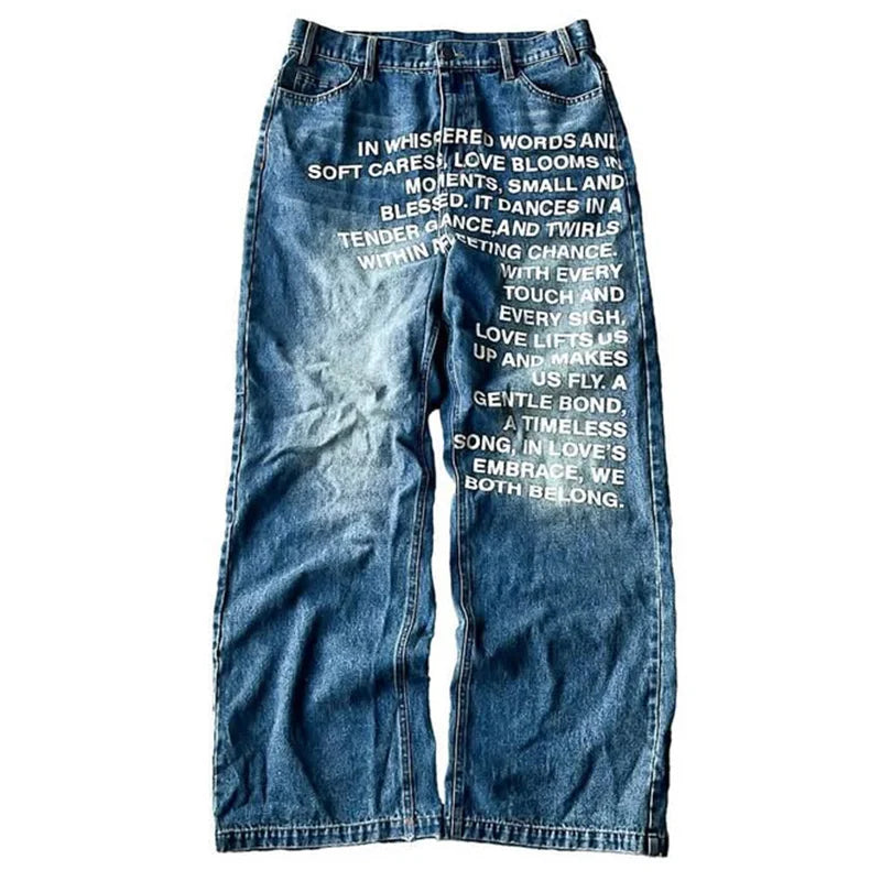Vintage Letter Print Wide Leg Jeans