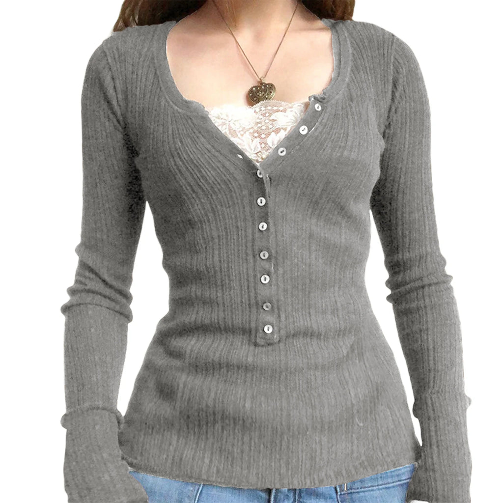 Lace Patchwork Button Knit Top