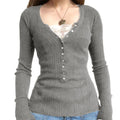 Lace Patchwork Button Knit Top