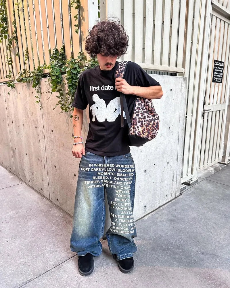 Vintage Letter Print Wide Leg Jeans
