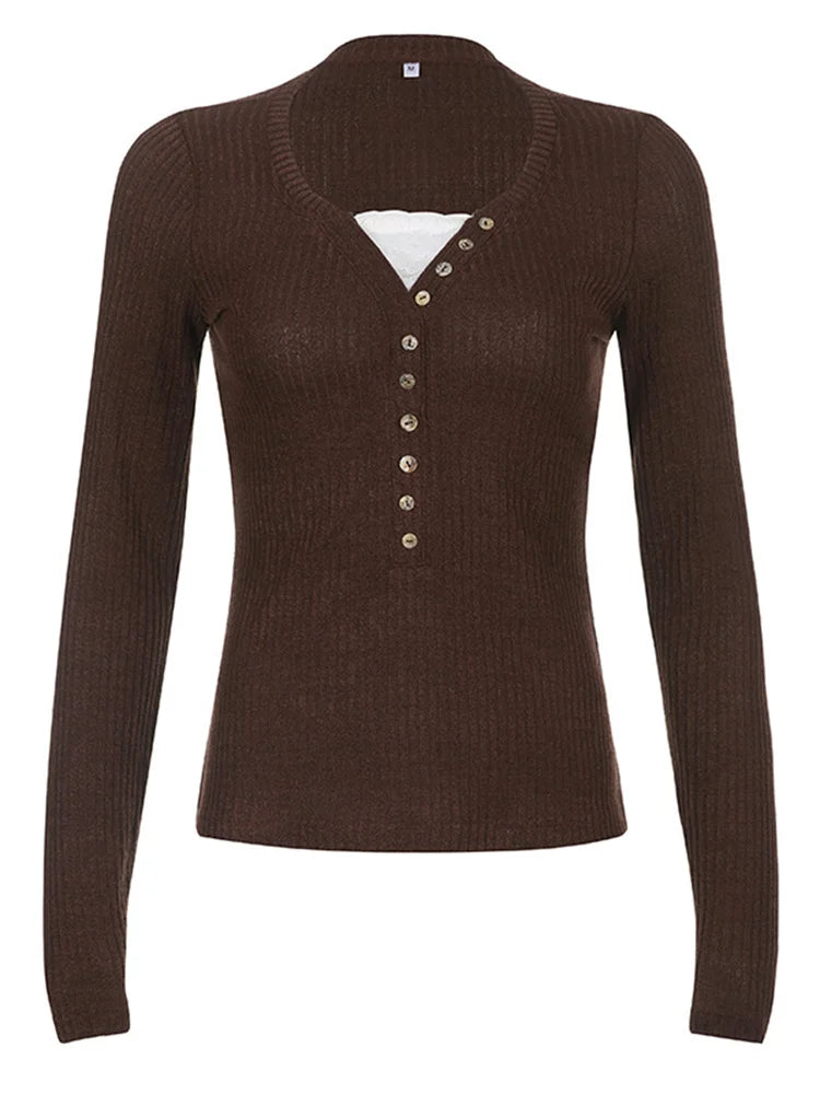Lace Patchwork Button Knit Top