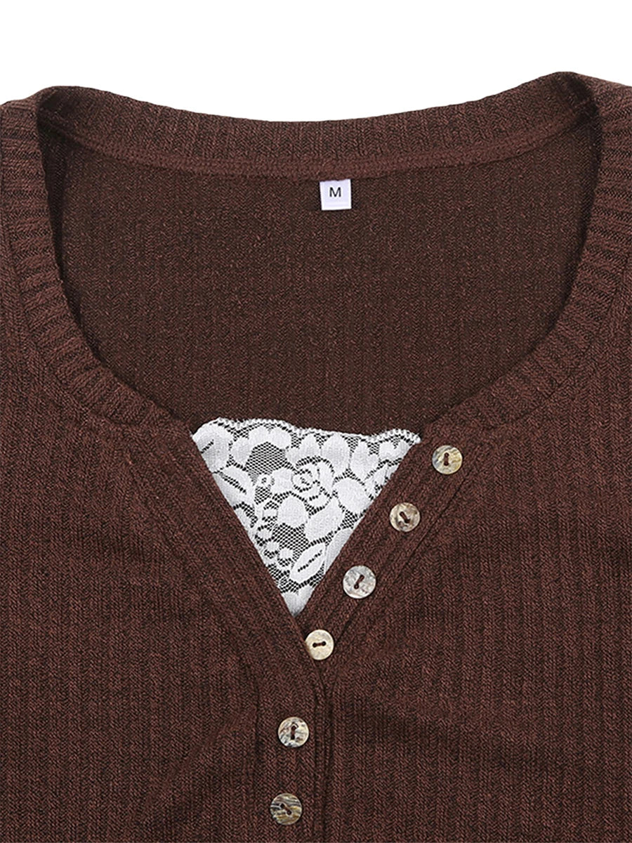 Lace Patchwork Button Knit Top