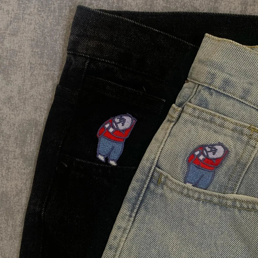 Cartoon Embroidery Straight Leg Jeans