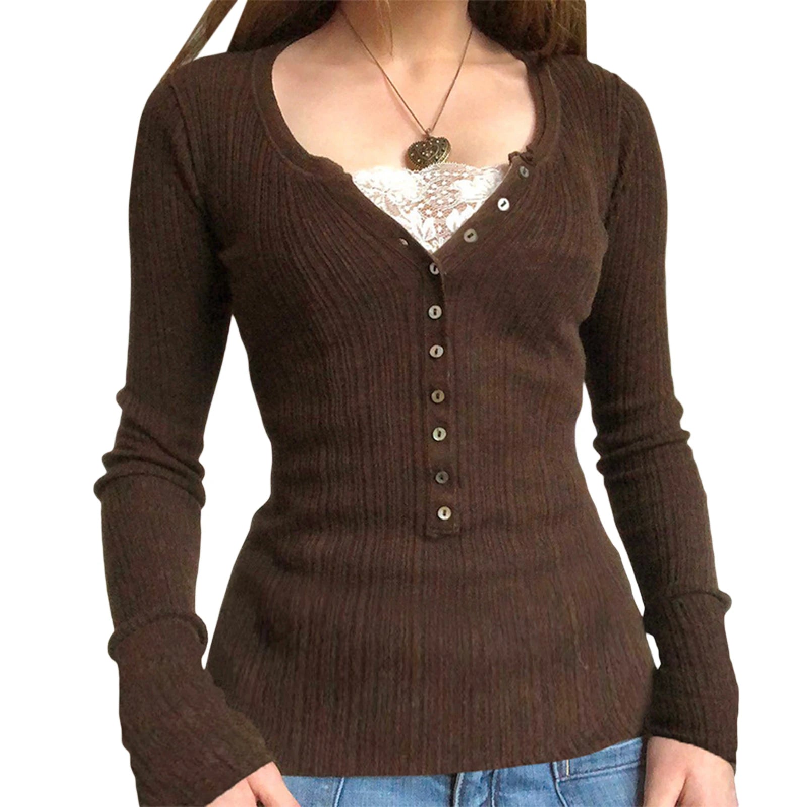 Lace Patchwork Button Knit Top