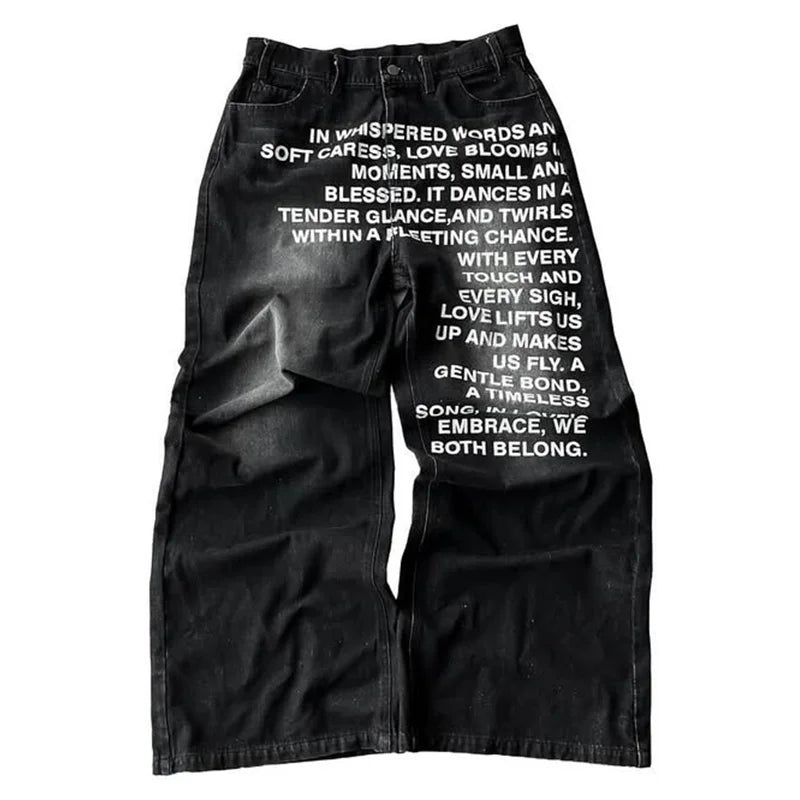 Vintage Letter Print Wide Leg Jeans