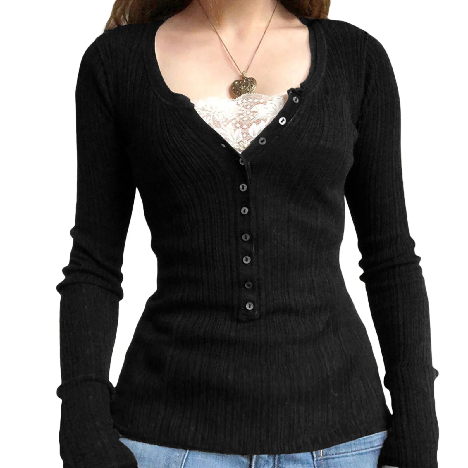 Lace Patchwork Button Knit Top