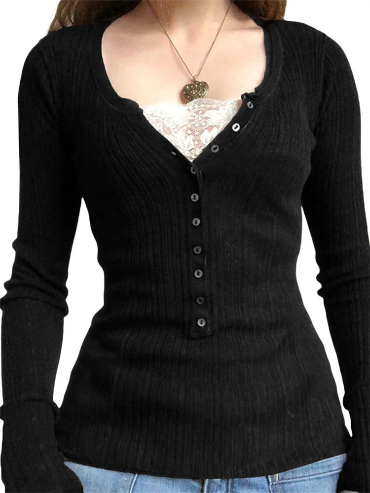 Lace Patchwork Button Knit Top