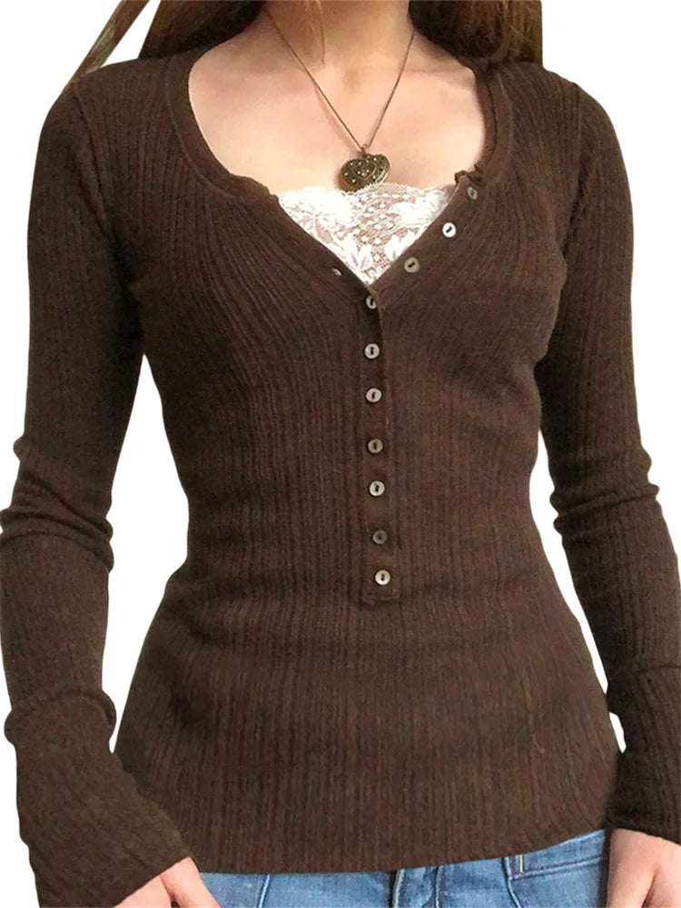 Lace Patchwork Button Knit Top