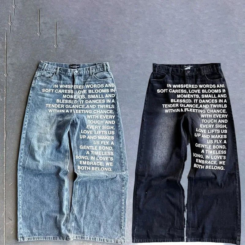 Vintage Letter Print Wide Leg Jeans